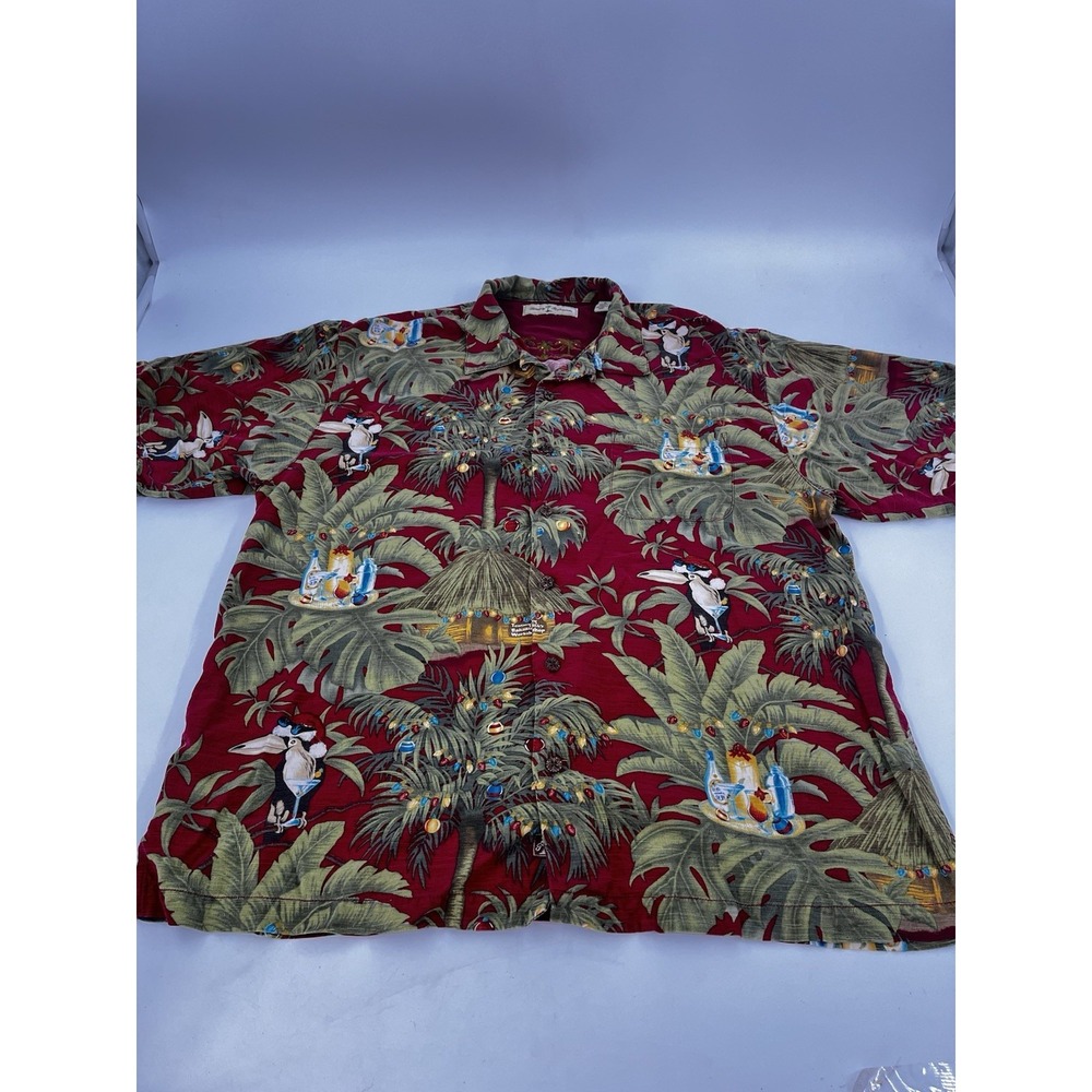 Tommy Bahama Shirt Mens XL Red Silk Christmas Tropical Tiki Toucan Camp Shirt